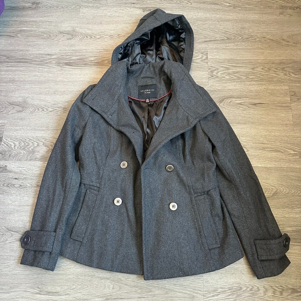 Celebrity Pink Hooded Pea Coat Charcoal Grey - Medium